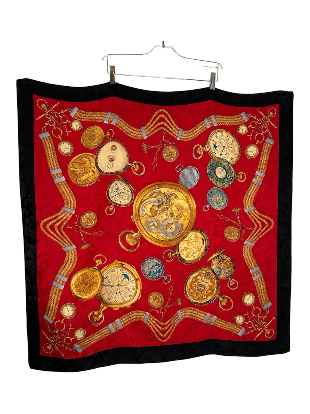 Gorgeous Large Red 100% Silk Baroque Rope Print Pocket Watch Square Scarf